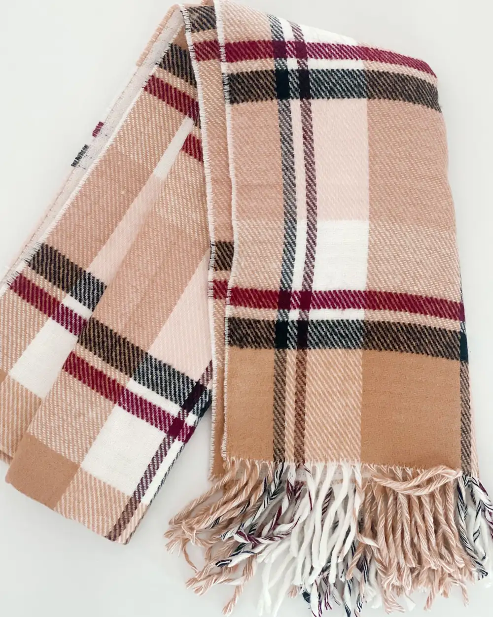Bej Krem Çift Taraflı Ekose Desenli Kadın Boho Atkı Şal