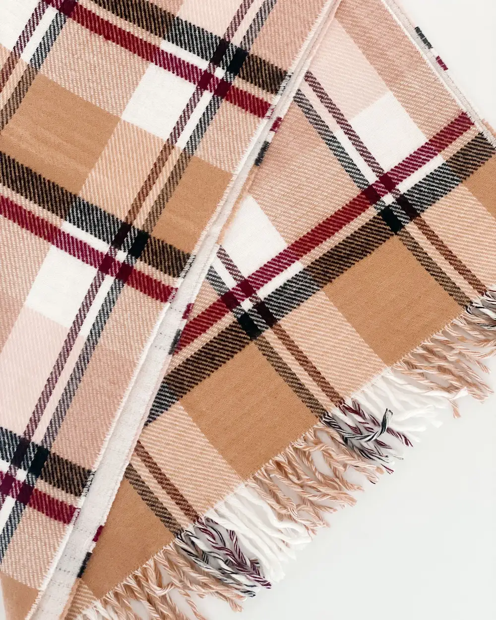 Bej Krem Çift Taraflı Ekose Desenli Kadın Boho Atkı Şal