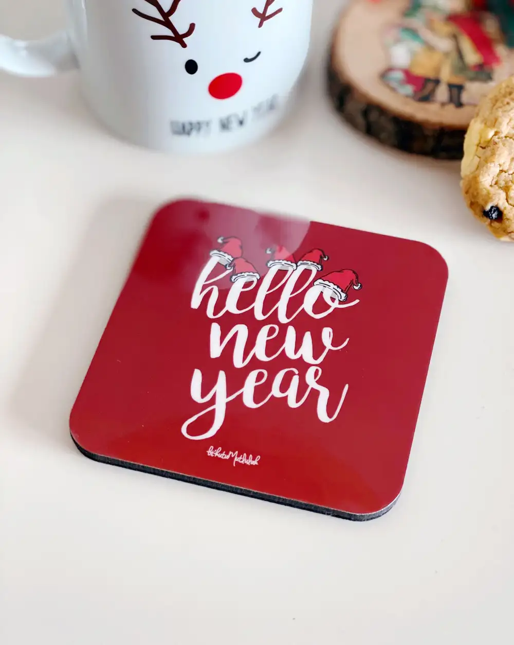 Kırmızı Merhaba Yeni Yıl Hello New Year Yılbaşı Hediyesi Bardak Altlığı