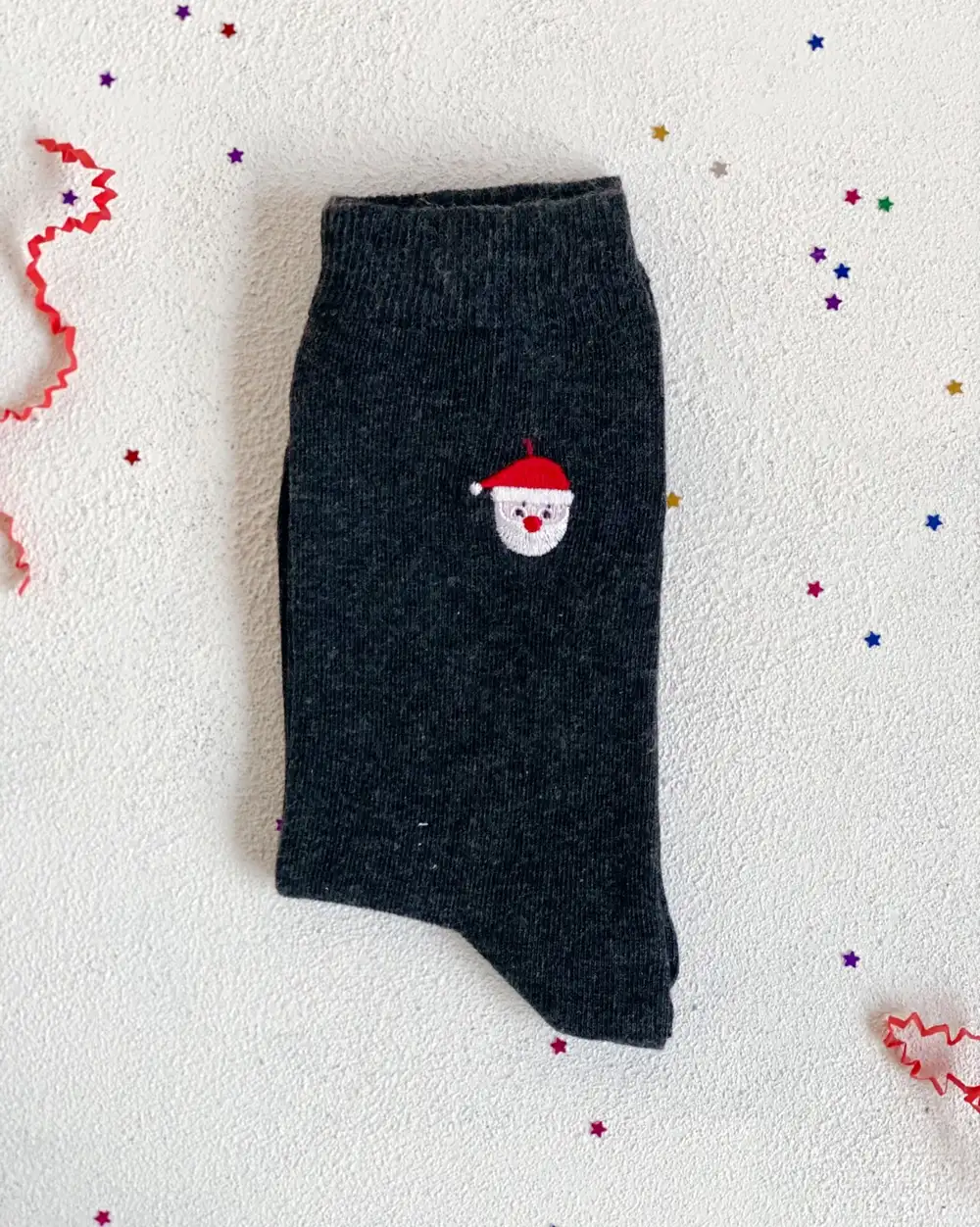 Yılbaşı Çorap Noel Baba Nakışlı Minimal Koyu Gri Yeni Yıl Çorabı