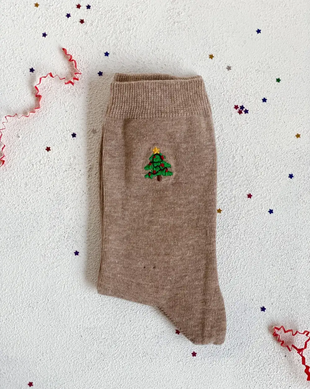 Yılbaşı Çorap Çam Ağacı Nakışlı Minimal Bej Krem Yeni Yıl Çorabı
