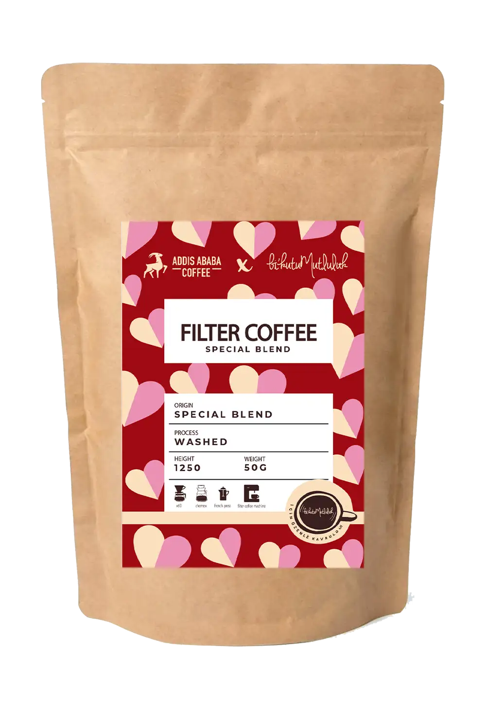 Filtre Kahve - Sevgi Dolu Kırmızı Kalpler Special Blend Filter Coffee Addis Ababa Coffee 50 gr.