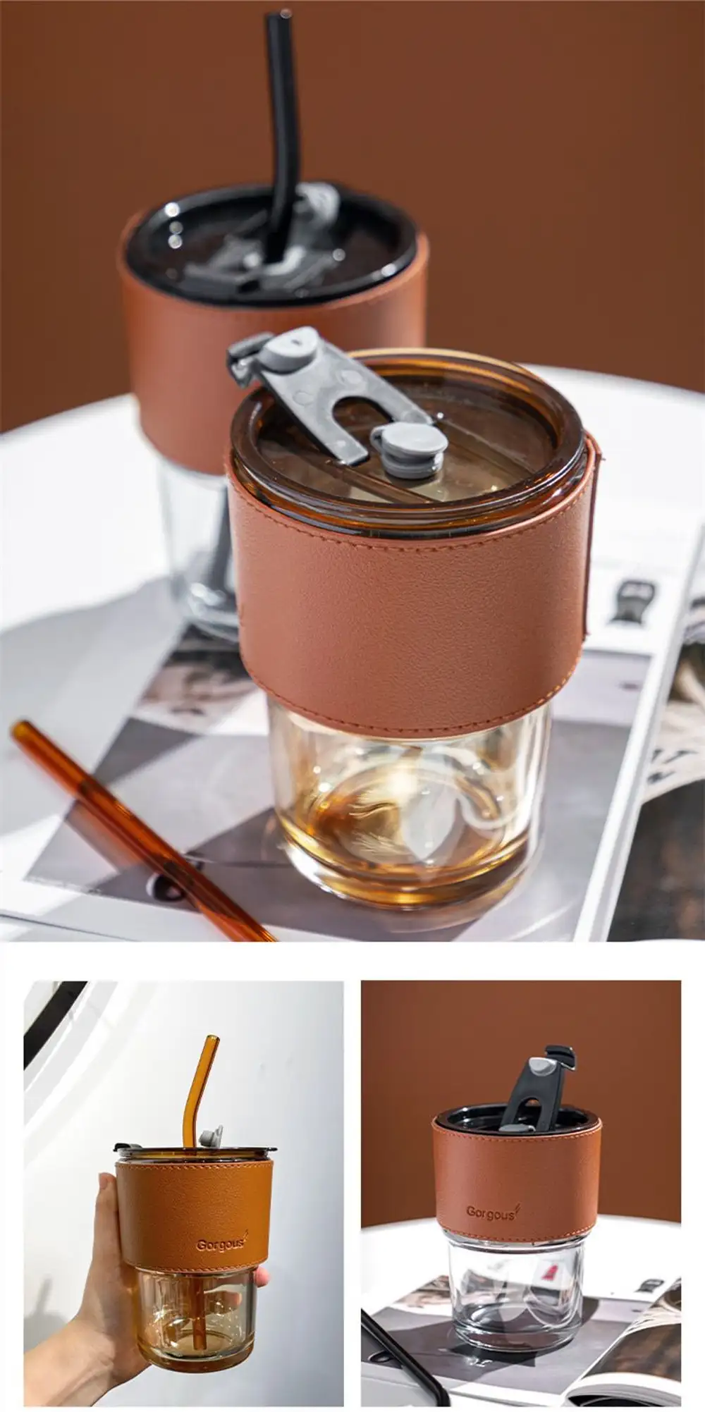 Coffee Cup Kapaklı Deri Sleeveli Cam Pipetli Kahve Bardağı