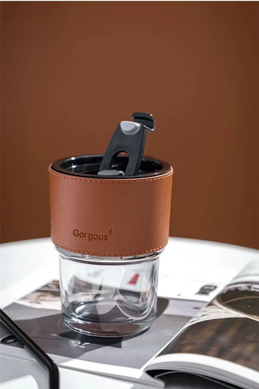 Coffee Cup Kapaklı Deri Sleeveli Cam Pipetli Kahve Bardağı