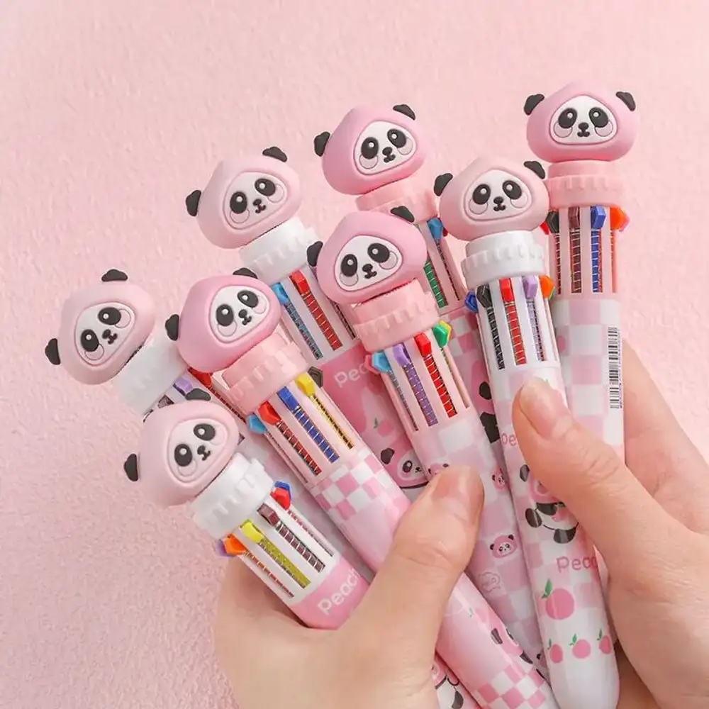 Sevimli Panda Figürlü Pembe Kalem 10 Renkli Tükenmez Kalem