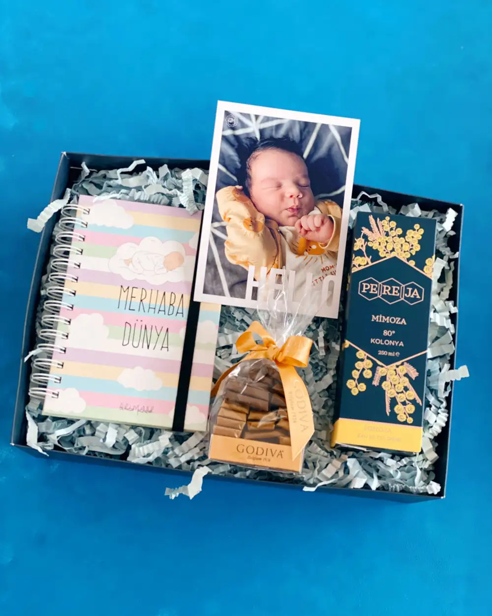 Hello Baby Hoş Geldin Bebek Kişiye Özel Fotoğraflı Mimoza Kolanyalı Hediye Kutusu Seti