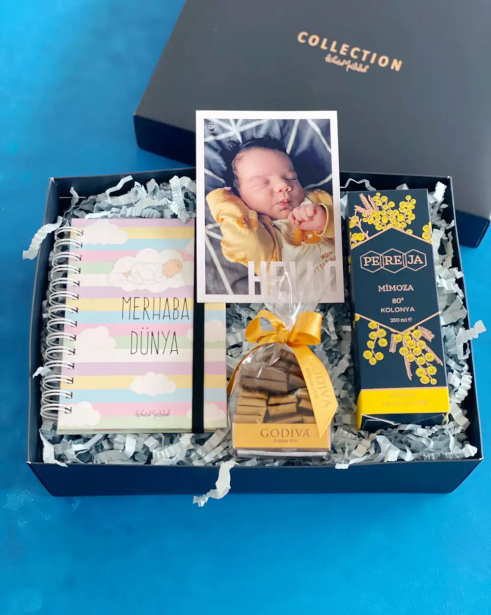 Hello Baby Hoş Geldin Bebek Kişiye Özel Fotoğraflı Mimoza Kolanyalı Hediye Kutusu Seti
