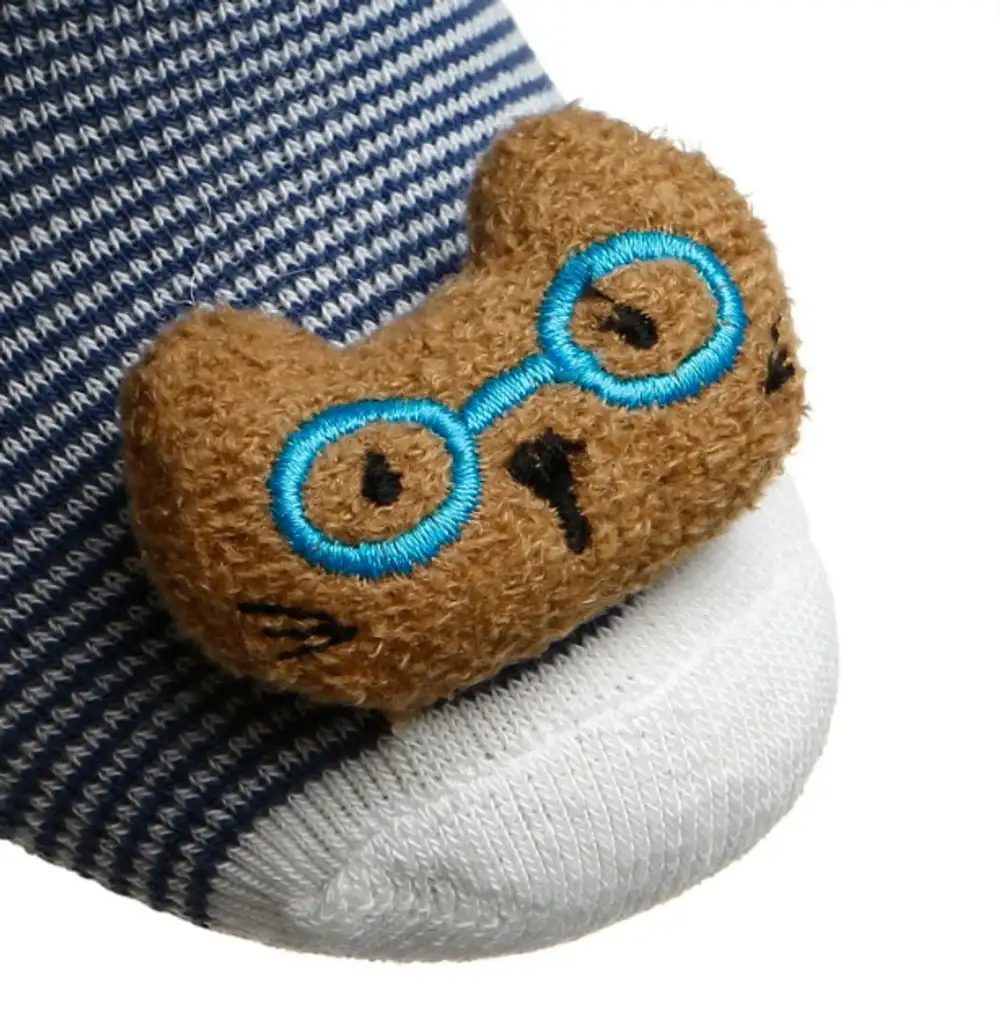 HelloBaby Çorap - Oyuncaklı Havlu Bebek Çorabı Lacivert Çizgili Gözlüklü Kedi