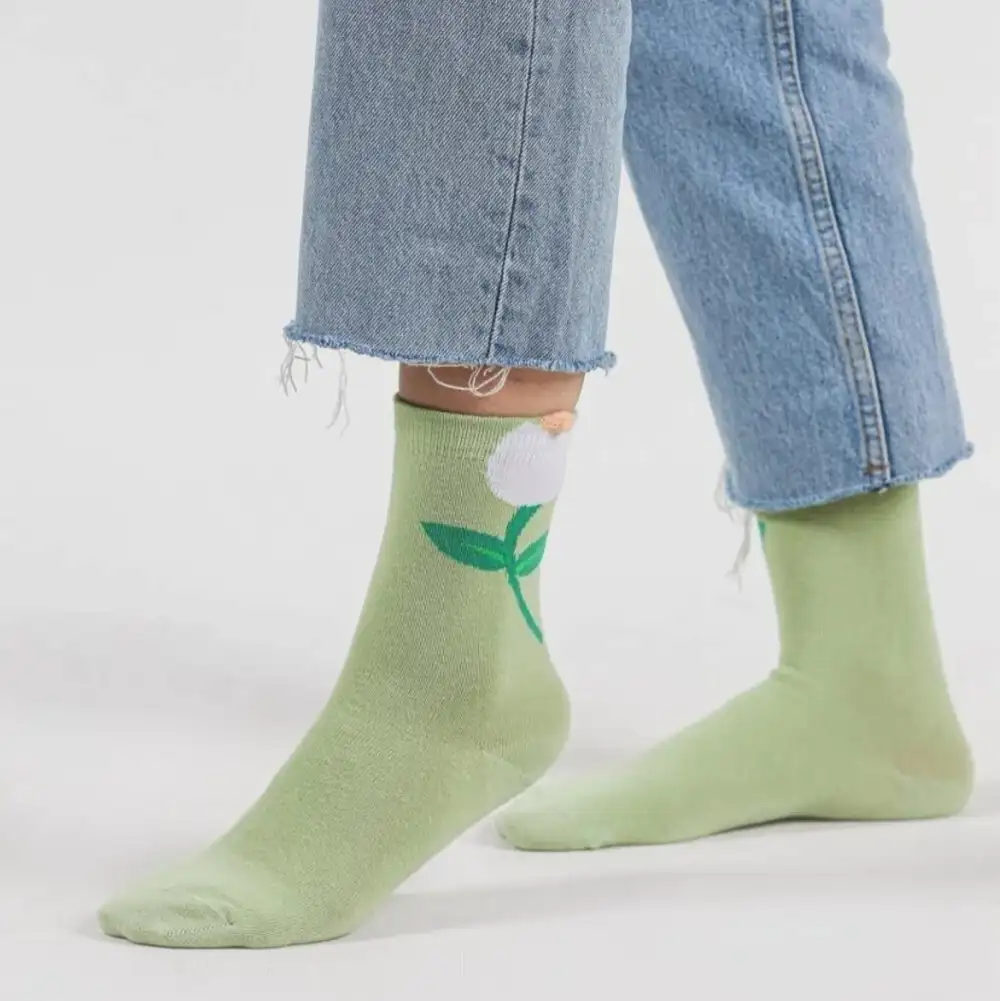 Çiçekli Zarif Kore Tarzı Kadın Soket Mint Yeşil Çorap