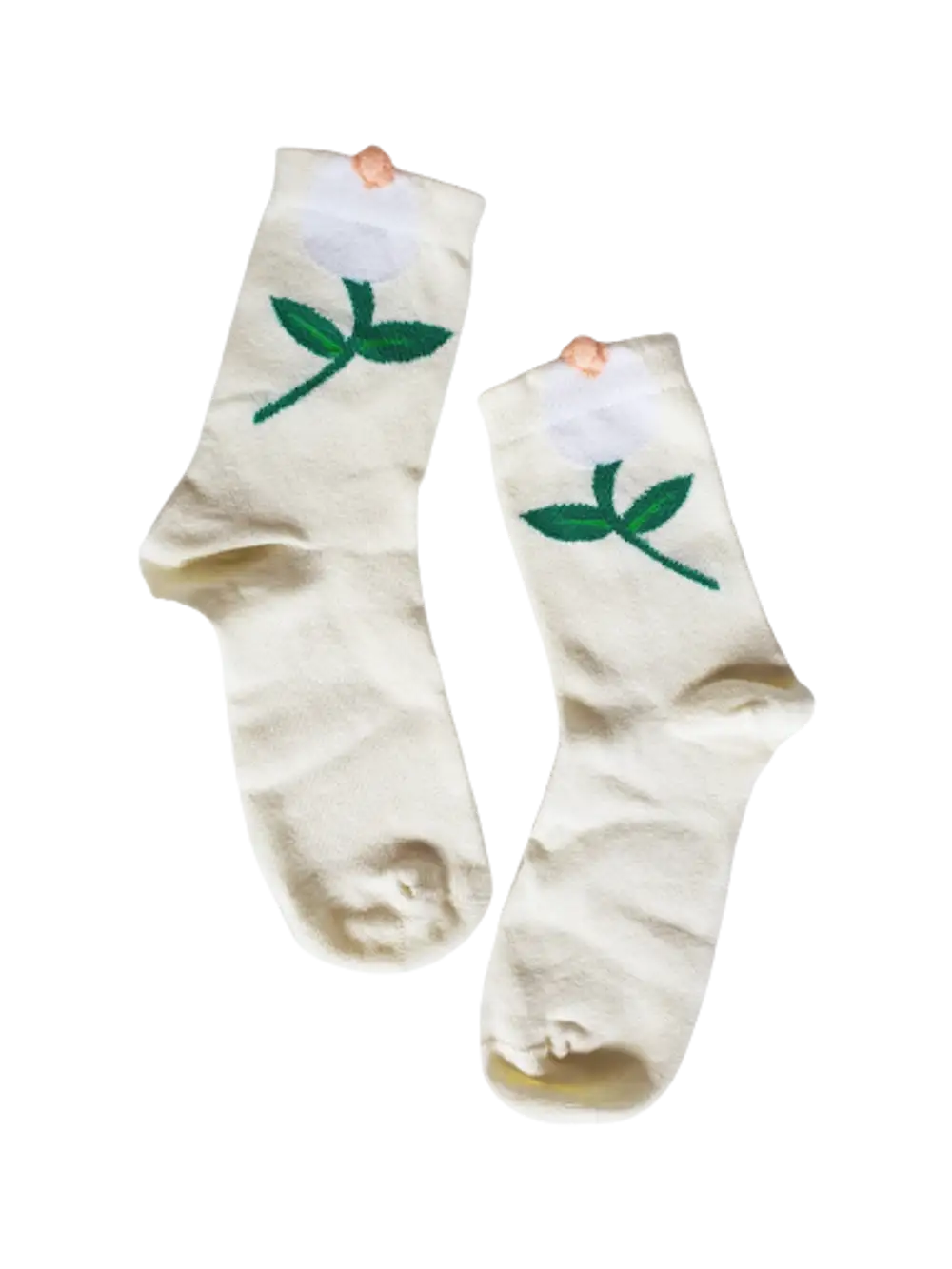 Çiçekli Zarif Kore Tarzı Kadın Soket Ekru Krem Çorap