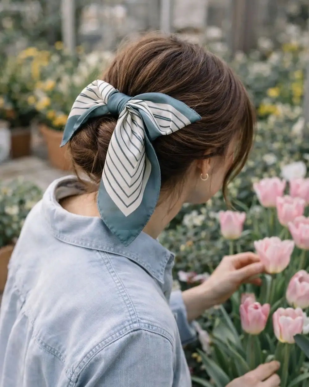 Minimal Çizgili Yeşil Saten Fular