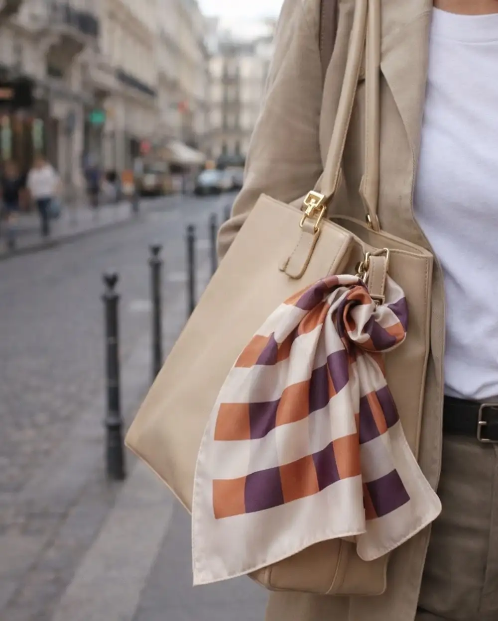 Kahve Bej Ekose Saten Fular