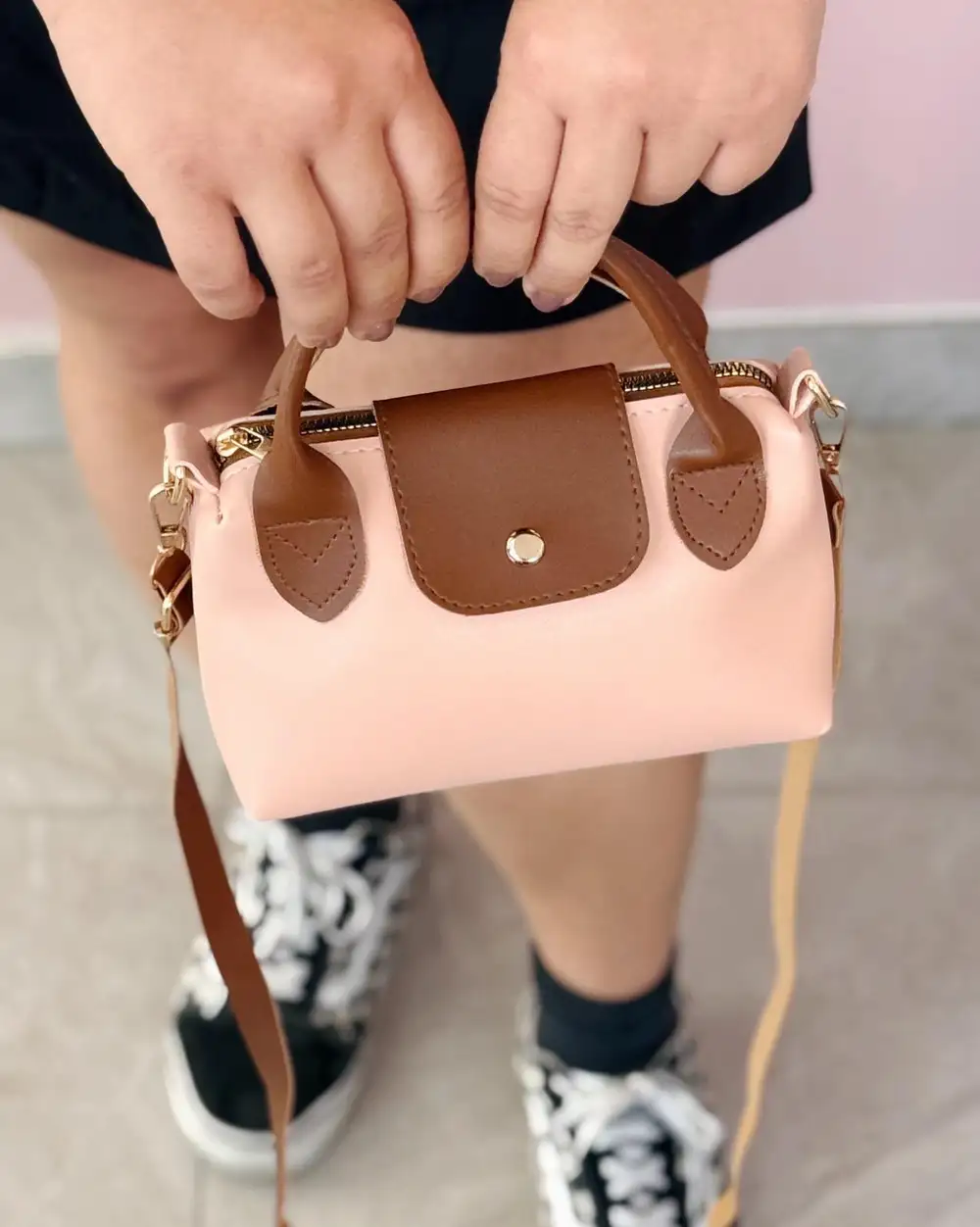 Pembe Taba Çift Saplı Ayarlanabilir Askılı Suni Deri El Ve Omuz Çantası