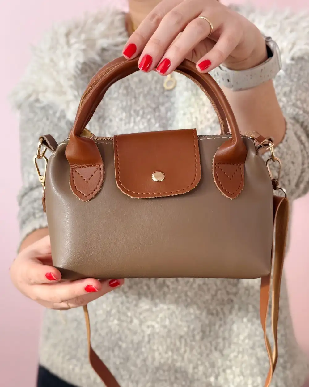 Vizon Taba Çift Saplı Ayarlanabilir Askılı Suni Deri El Ve Omuz Çantası