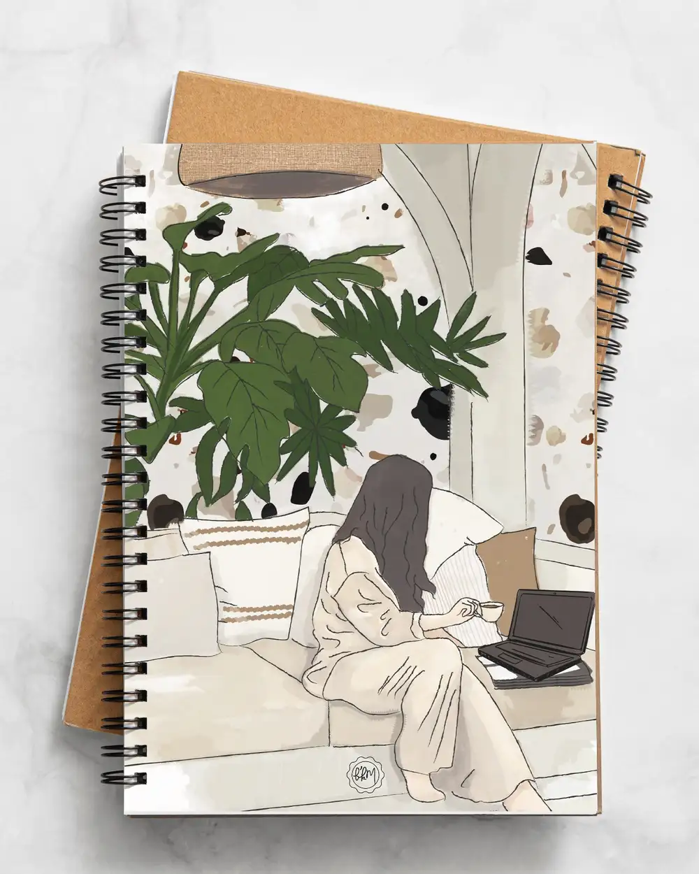 N226 Home Office Çalışan Kız Çizimli A5 Spiralli Defter