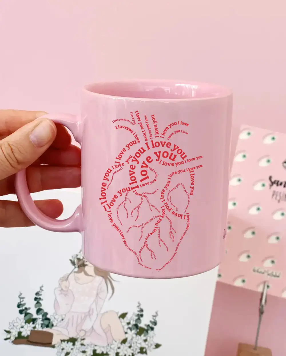I Love You Mesajlı Kalp Pembe Kupa