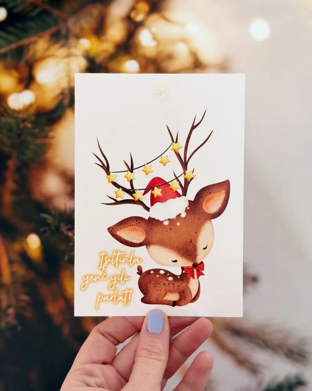 Işıltılı Yeni Yıl Geyikli Yılbaşı Kartı