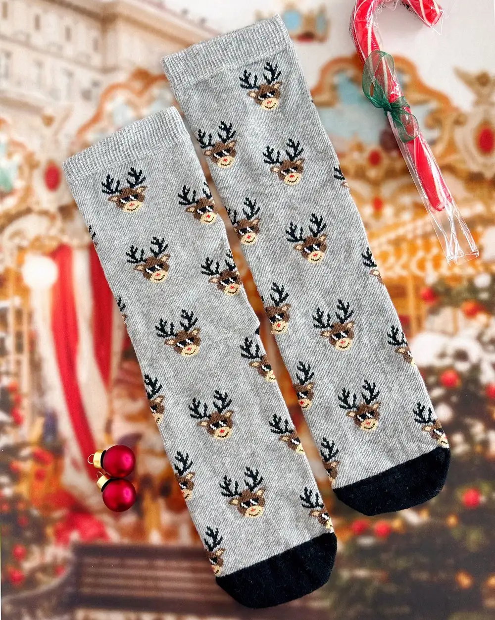 Cool Geyikli Gri Yılbaşı Çorabı