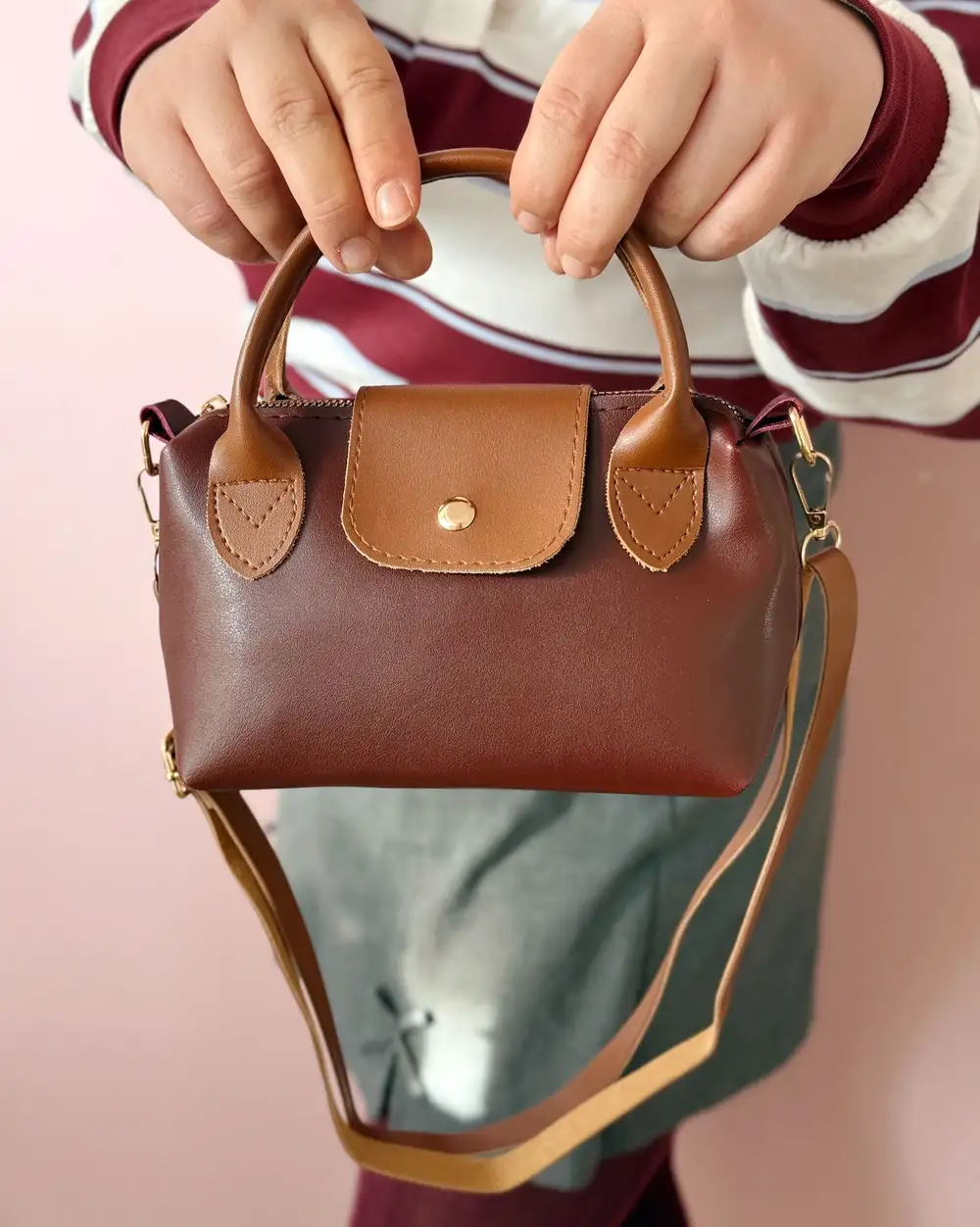 Bordo Taba Çift Saplı Ayarlanabilir Askılı Suni Deri El Ve Omuz Çantası