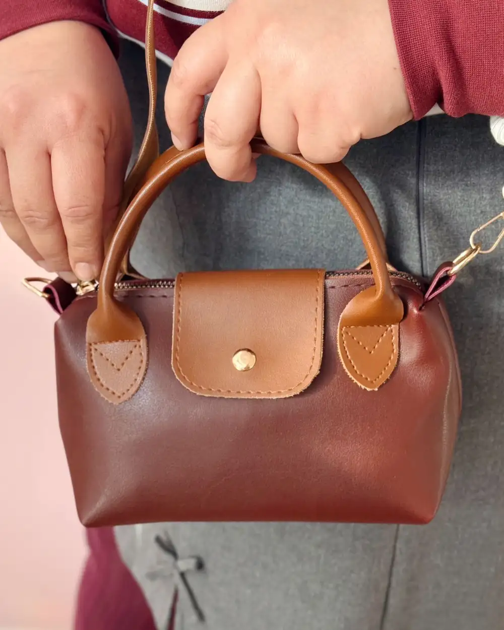 Bordo Taba Çift Saplı Ayarlanabilir Askılı Suni Deri El Ve Omuz Çantası