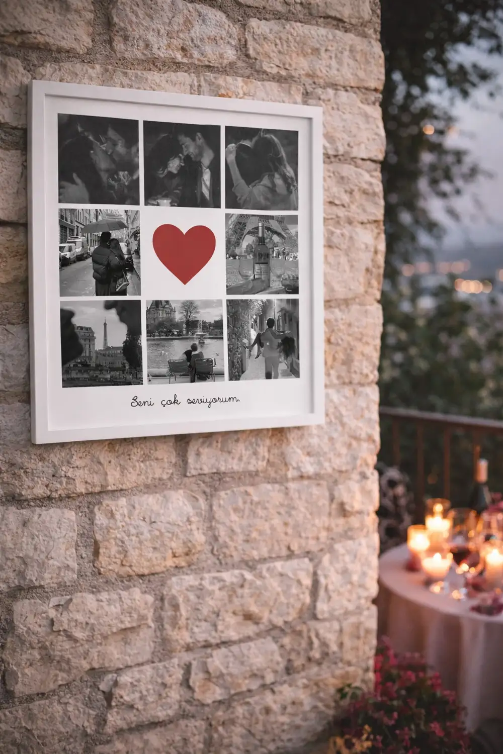 Kişiye Özel Fotoğraf Baskısı Sök Tak Kare Yapışan Beyaz Çerçeve 20 x 20 cm - Kırmızı Kalpli