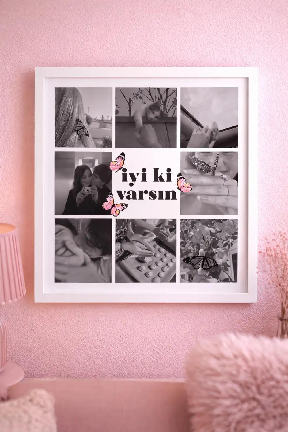 İyi Ki Varsın Kelebekli Kişiye Özel Fotoğraf Baskısı Sök Tak Kare Yapışan Beyaz Çerçeve 20 x 20 cm