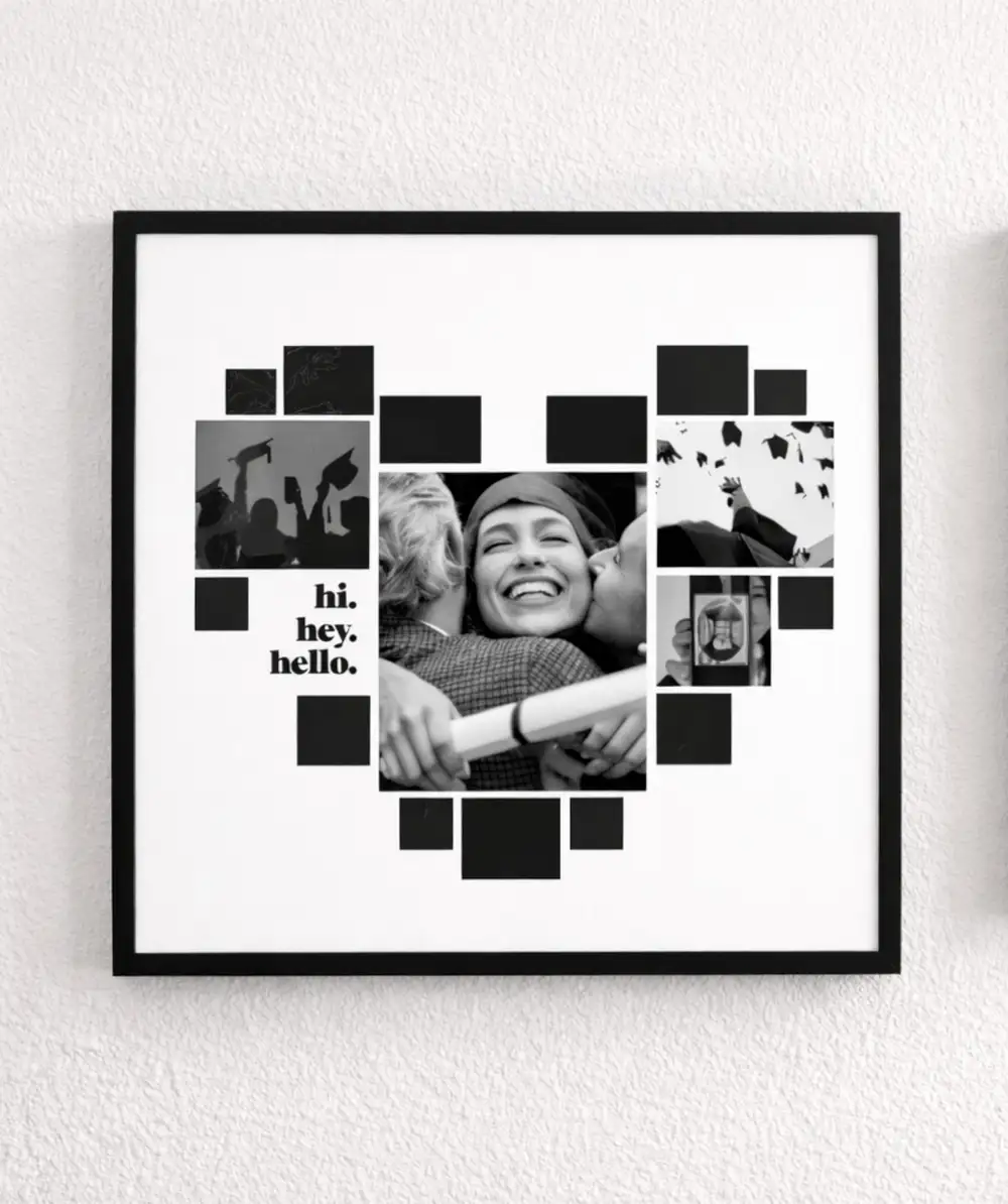 Piksel Dolusu Siyah Kalp Sök Tak Kare Yapışan Beyaz Çerçeve 20 x 20 cm