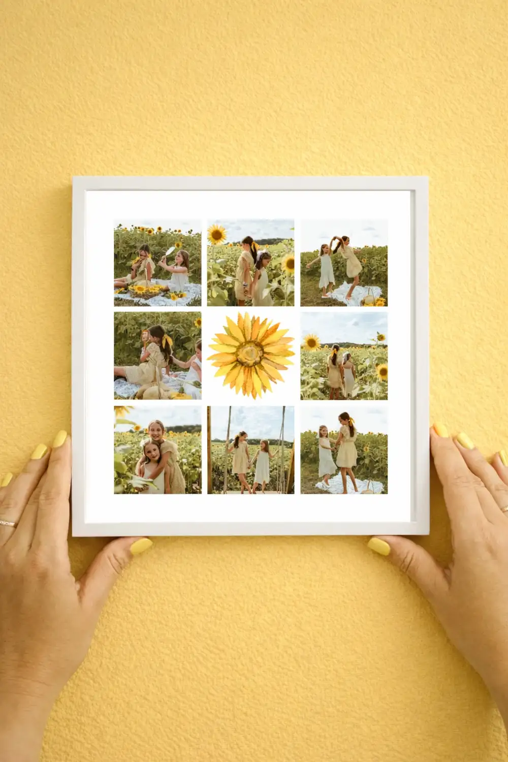 Ayçiçekli Kişiye Özel Fotoğraf Baskısı Sök Tak Kare Yapışan Beyaz Çerçeve 20 x 20 cm