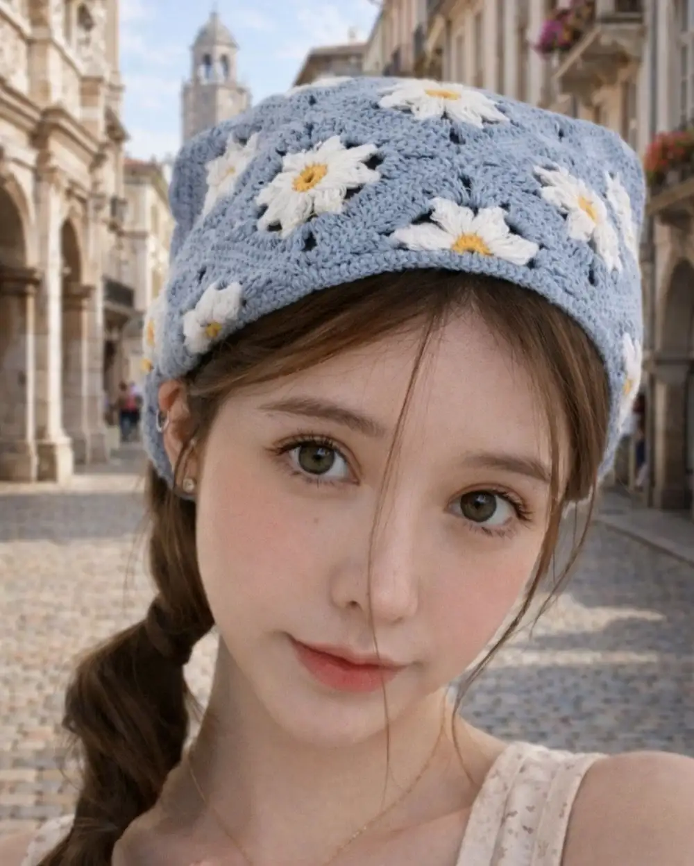 Mavi Papatyalı Örgü Üçgen Bandana