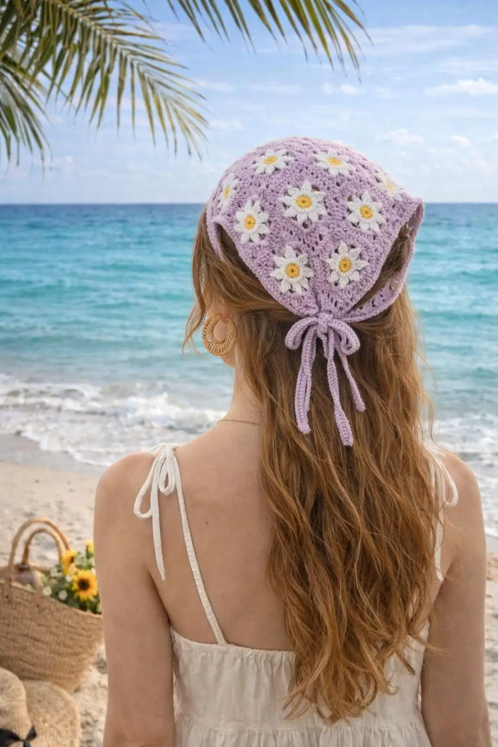 Lila Papatyalı Örgü Üçgen Bandana