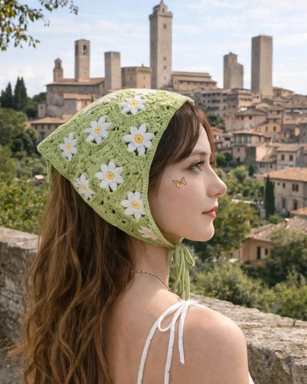 Mint Yeşil Papatyalı Örgü Üçgen Bandana