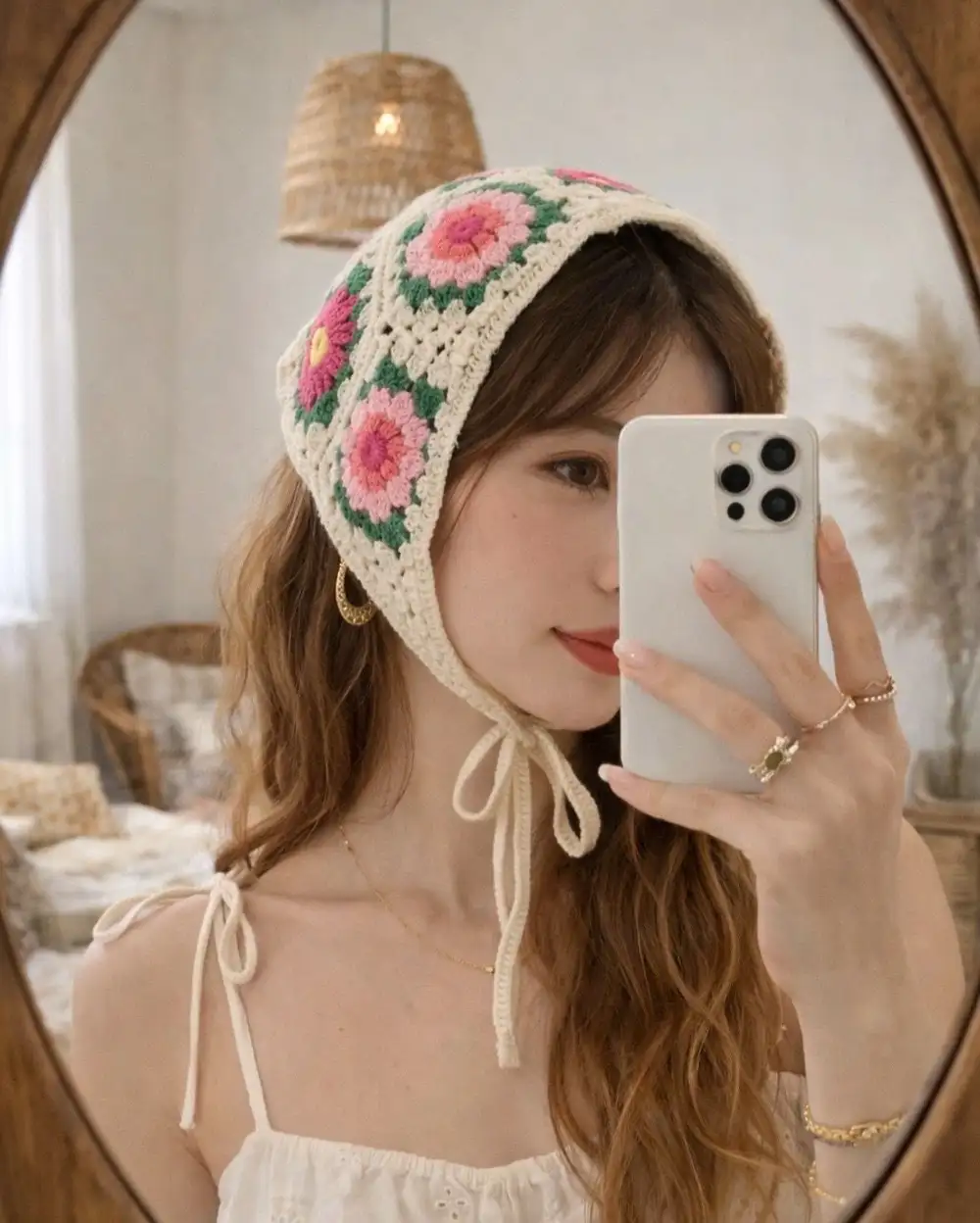 Fransız Pastoral Tarzı Tığ İşi Çiçekli Örgü Üçgen Bandana