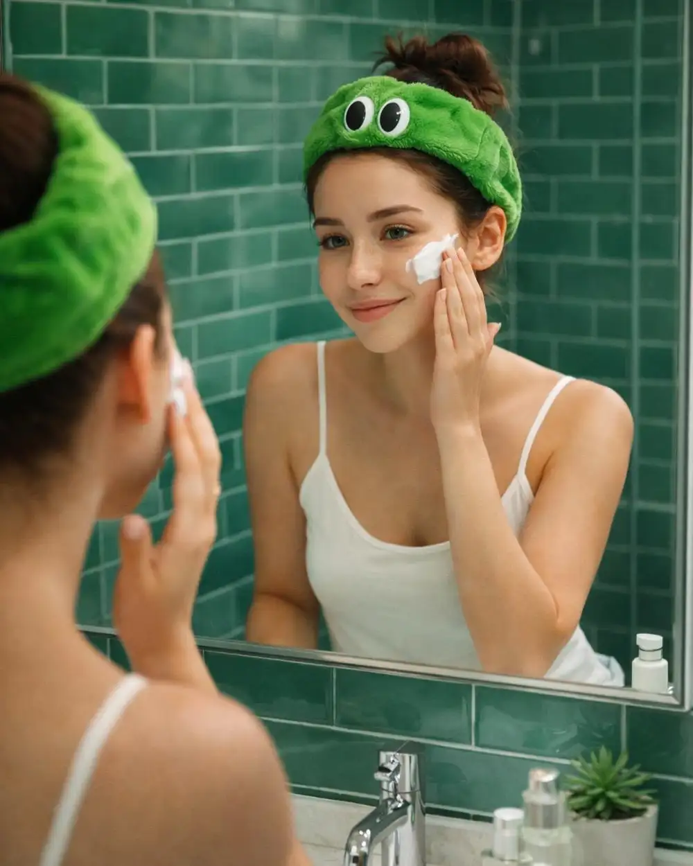 Üzeri Göz Figürlü Pofuduk Yeşil Saç Bakım Bandı