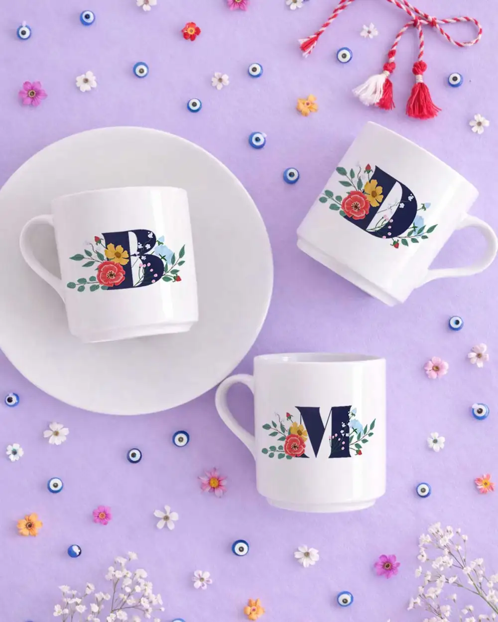 Çiçekli Baş Harfli Hediye Türk Kahvesi Fincanı