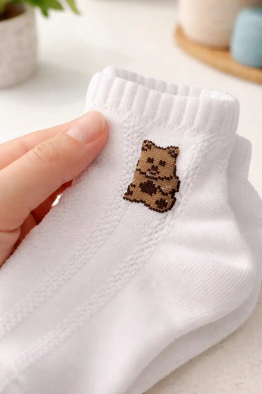 Ayıcık Desenli Beyaz Çorap