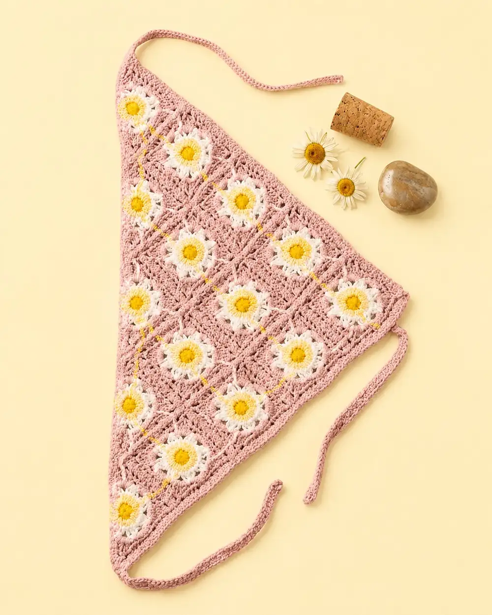 Gül Kurusu Pembe Papatyalı Örgü Üçgen Bandana