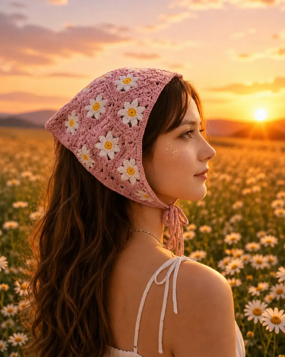 Gül Kurusu Pembe Papatyalı Örgü Üçgen Bandana