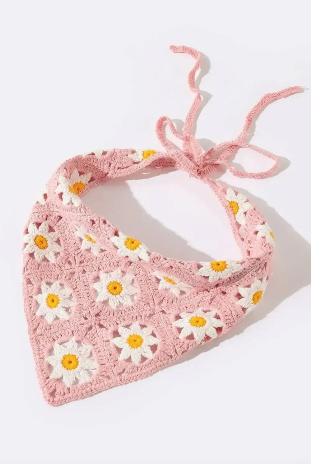Gül Kurusu Pembe Papatyalı Örgü Üçgen Bandana