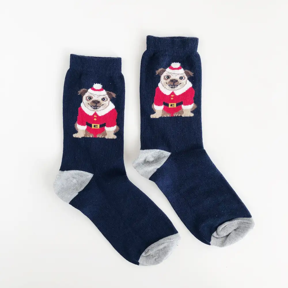 Yılbaşı köpek kırmızı Noel kıyafetli lacivert çorap