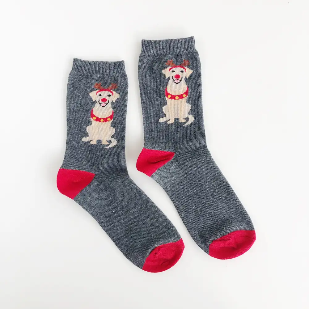 Yılbaşı köpek boynuzlu koyu gri kırmızı çorap