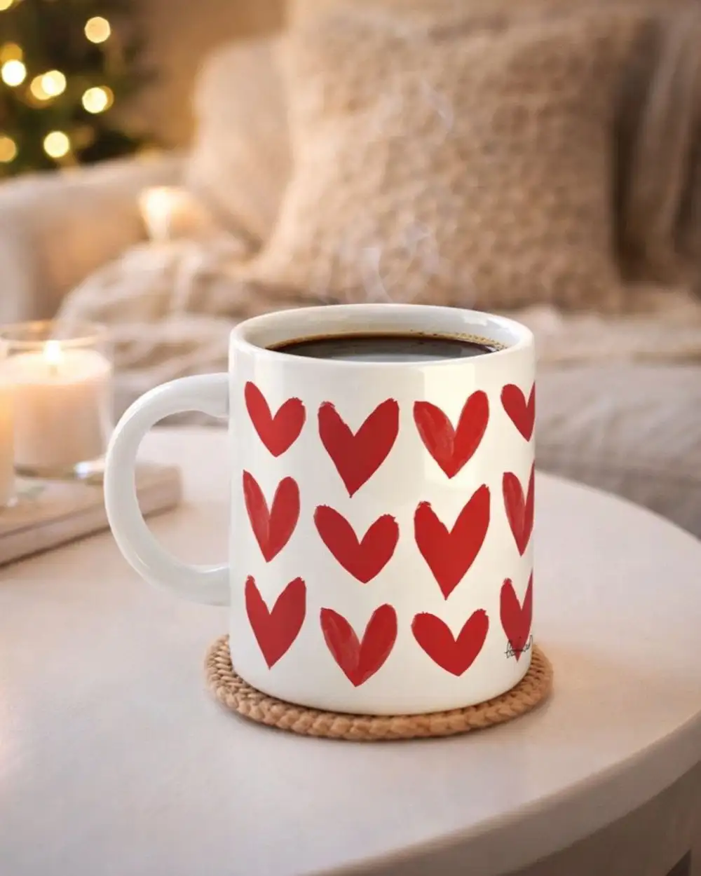 Suluboya Kırmızı Kalpler Kupa