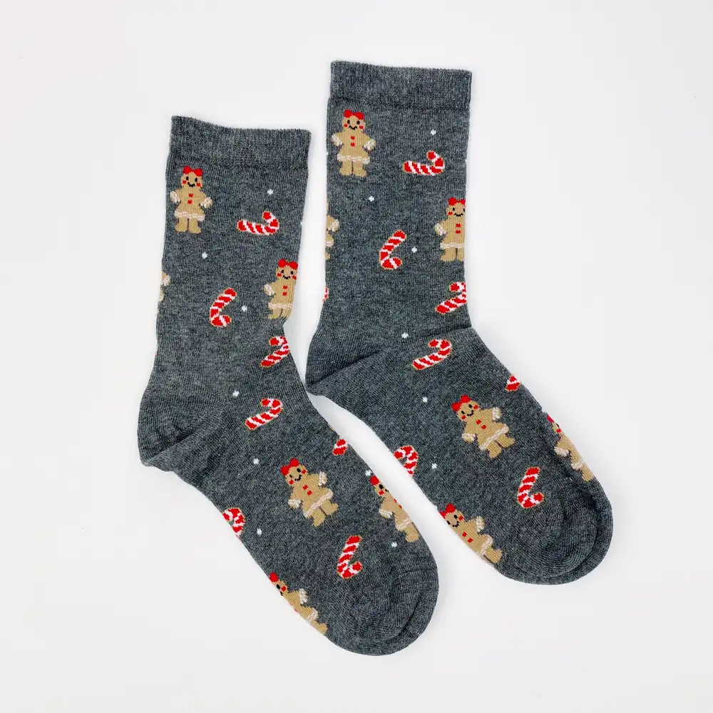 Çorap N379 - Yılbaşı Çorap - Gri Kurabiye Ve Baston Şekerli Çorap