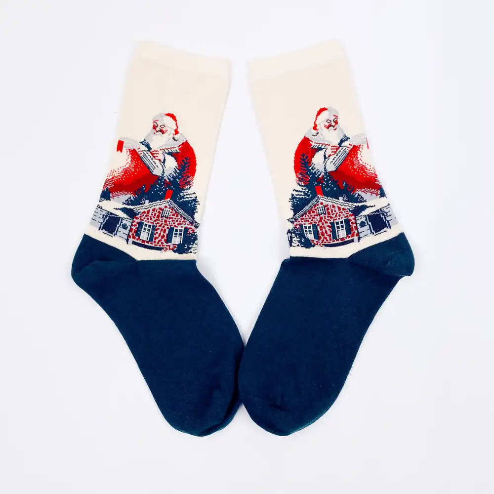 Çorap N421 - Yılbaşı Çorap - Lacivert Krem Vintage Noel Baba Çorap