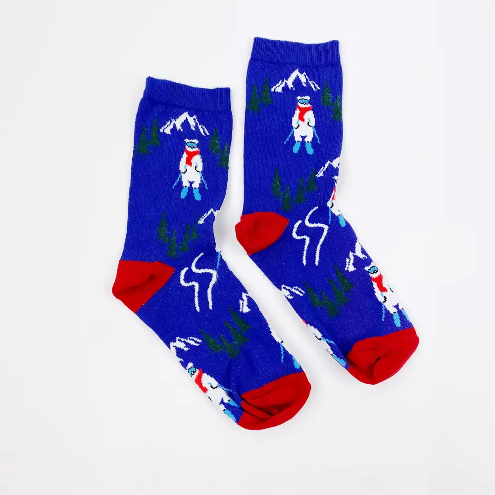 Çorap N419 - Yılbaşı Çorap - Kırmızı-Mavi Kayakçı Kutup Ayısı Çorap