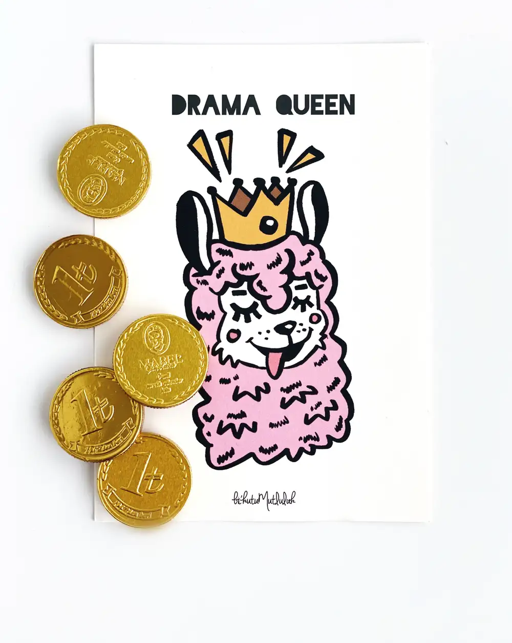 5'li Nostaljik Altın Çikolata ve Drama Queen Motto Kartı