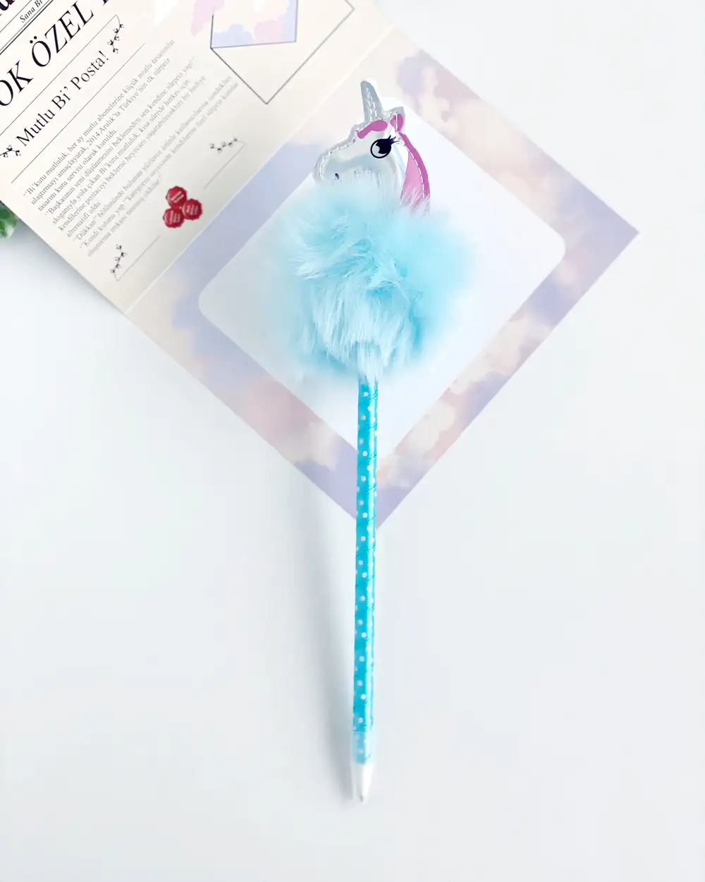 Mavi Peluş Hologram Unicorn Tükenmez Kalem