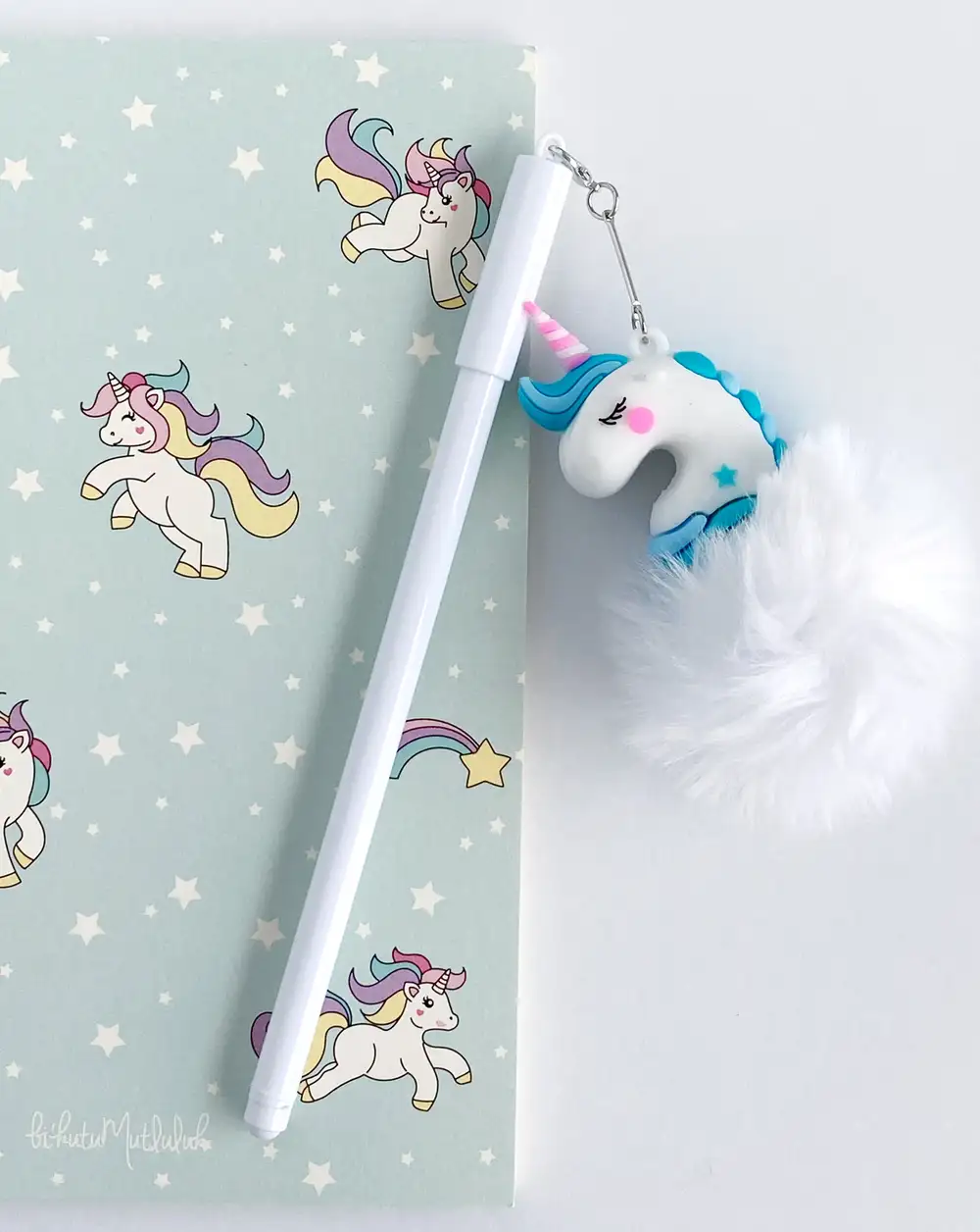Beyaz Peluş Slikon Unicorn Tükenmez Kalem