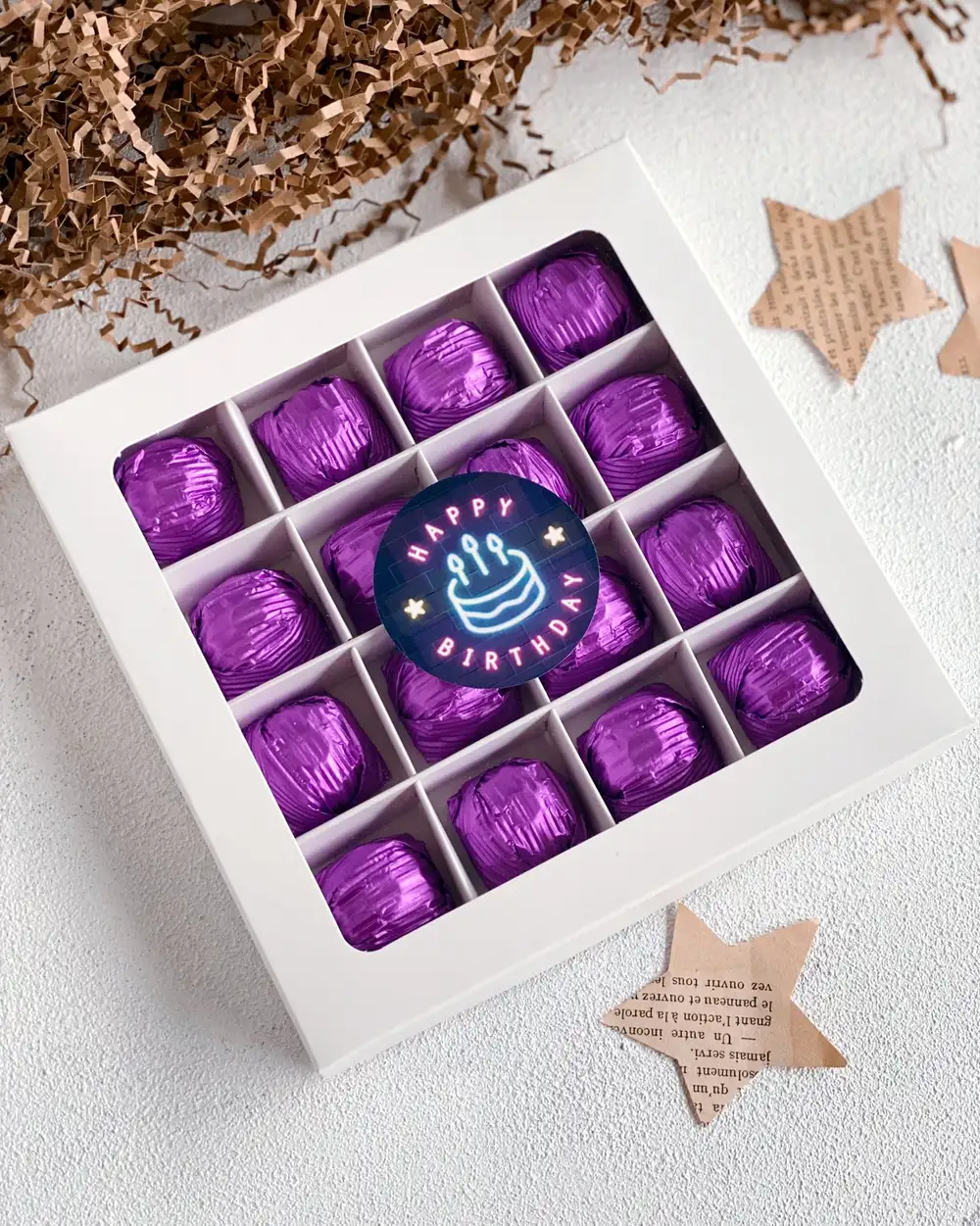 Happy Birthday Melodi Mor Yaldızlı Kristal Çikolata Hediye Kutusu ( Kapaklı )