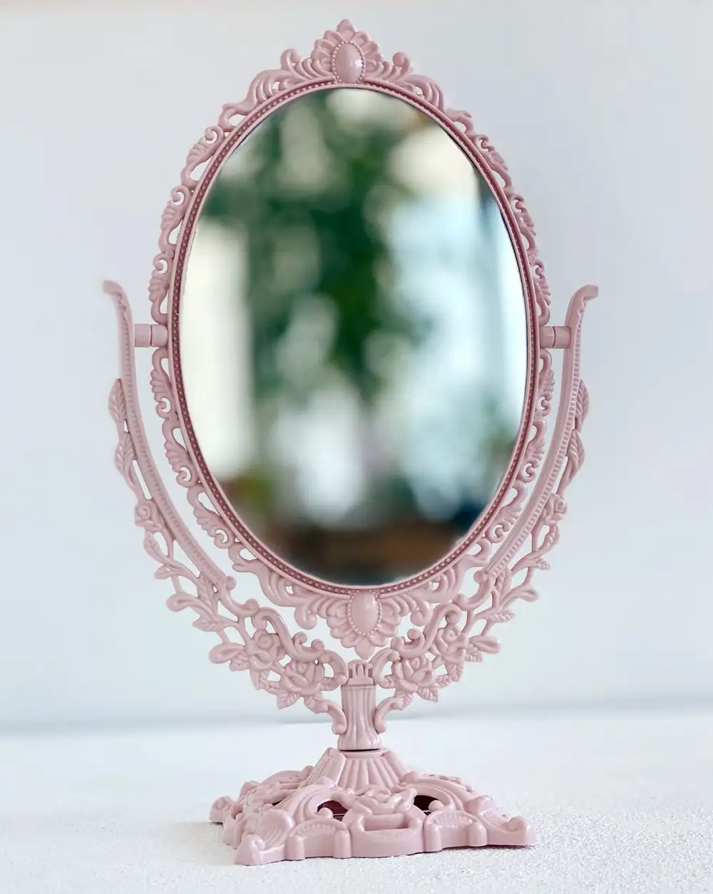 Masaüstü Vintage Dekoratif Oval Makyaj Aynası Pembe