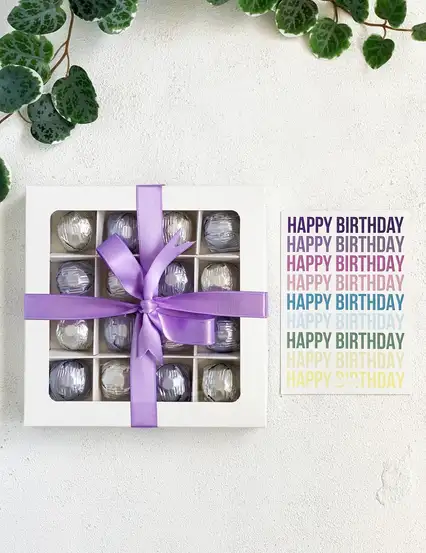 Pastel Happy Birthday Motto Kartı ve Lila Kurdeleli Kristal Melodi Çikolata Hediye Kutusu (Kapaklı)